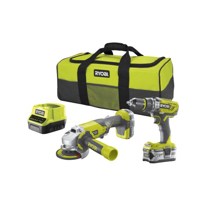 RYOBI Pack 2 outils sans fil 18 V : Perceuse à percussion + meuleuse 115mm - 2 batteries 1 x 2,0 Ah et 1 x 4,0 Ah