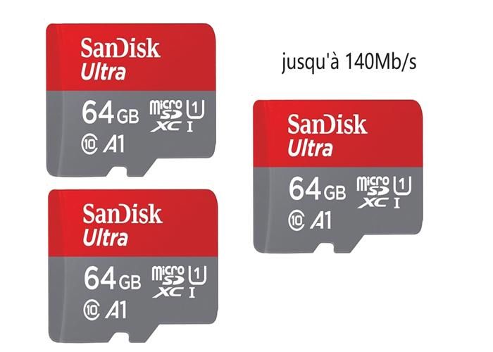 Lot de 3 Carte Mémoire Micro SDXC SanDisk Ultra 64g Vitesse de Lecture Allant jusqu'à 140MB/ Classe 10 U1 A1 TF Carte