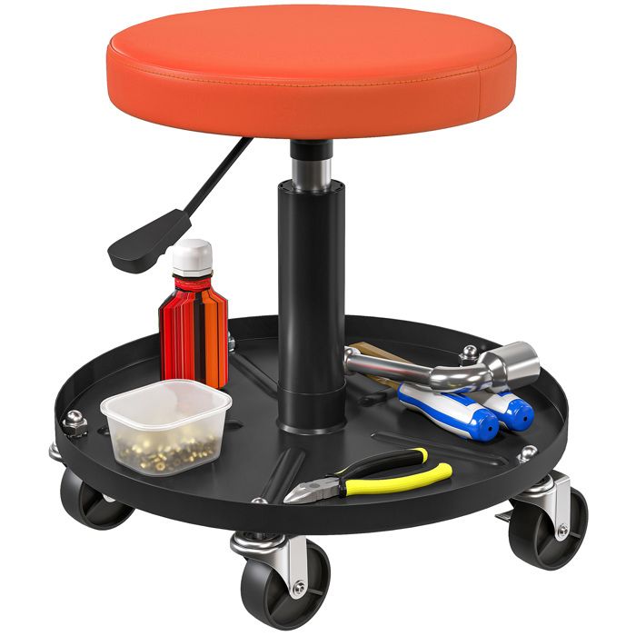 Tabouret datelier - HOMCOM - 5 roulettes - hauteur réglable 38-50 cm - avec plateau à outils - charge max 135 kg - orange Tabouret datelier - HOMCOM - 5 roulettes - hauteur réglable 38-50 cm - avec plateau à outils - charge max 135 kg - orange