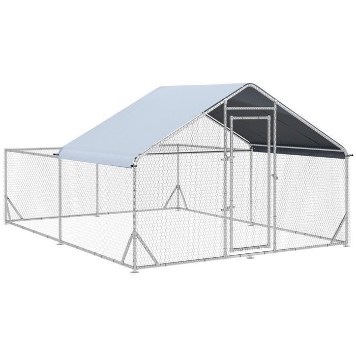 Comparer les prix de Enclos pour poules Pawhut avec toit solaire dimensions 400 x 300 x 195 cm en acier de couleur argent.