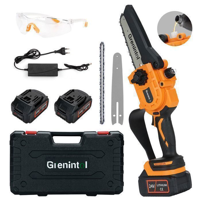 Grenintol  6 Pouces mini-tronçonneuse，Tronçonneuse 24VTronçonneuse à batterie avec batterie 2 x 3000 mAh Convient pour le jardinage