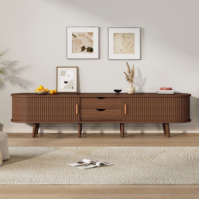 Meuble TV 175x40x42 cm - 2 tiroirs - 2 portes coulissantes - Pieds en bois massif - Compatible TV 75 pouces - Marron