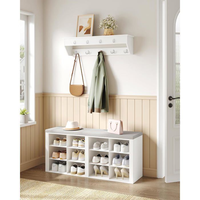 Banc à Chaussures Banc de Rangement avec 12 Compartiments Porte-Manteau Étagère à Chaussures 30 x 104 x 49 cm Blanc-Gris