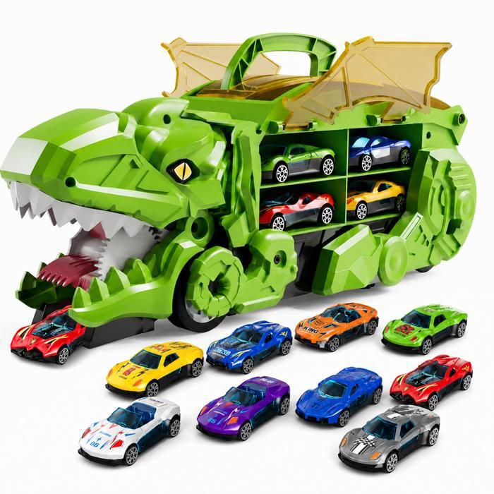 Camion - KUKUFUN - Transporteur pliant Dinosaure - 10 voitures moulées - 2 niveaux - Vert 3+ ans