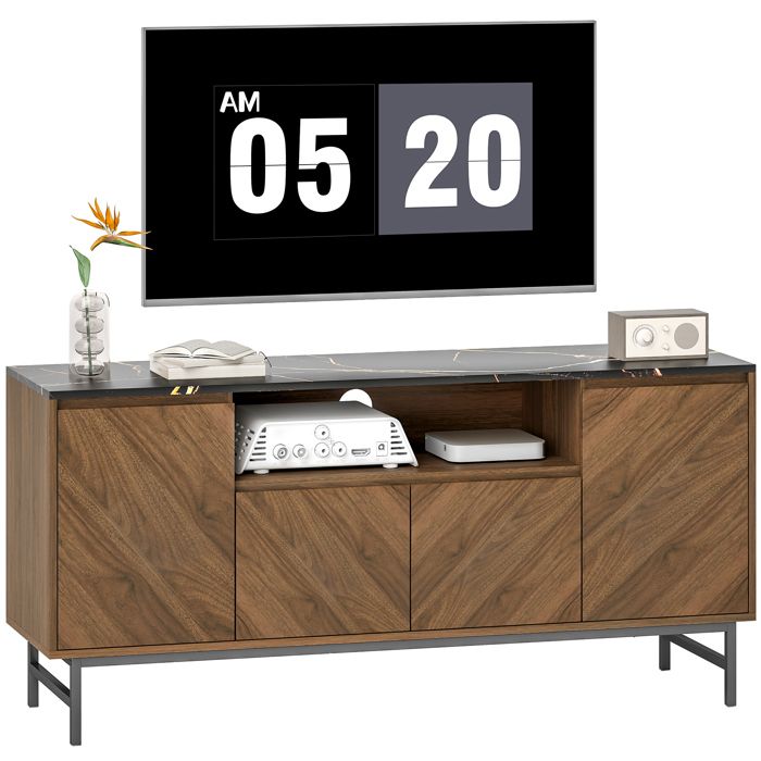 Meuble TV - HOMCOM - jusquà 65 pouces - compartiment ouvert portes étagères et passe-câbles - effet marbre - 140x39x66cm - noyer