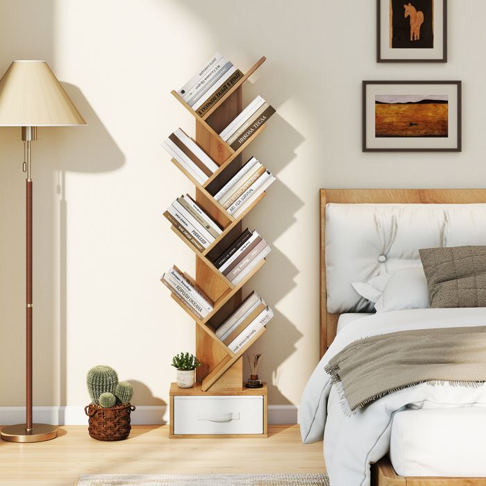 COSTWAY Bibliothèque à 10 Niveaux en Forme dArbre Tiroir Tissu Pliable Meuble de Rangement Industriel pour Salon Bureau Chambre