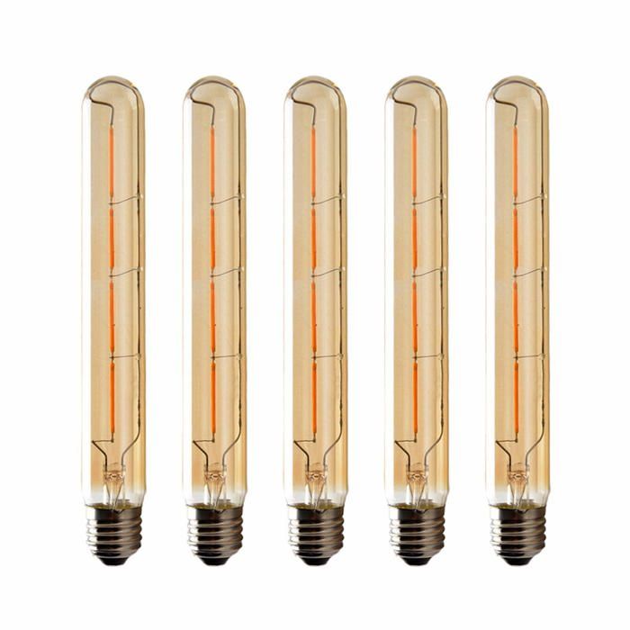 Lot de 5 Ampoules T225 Long Tube Filament LED Edison 6W Culot E27 Blanc Chaud Verre Ambré Pour Décorative Ampoule AC 220-240V