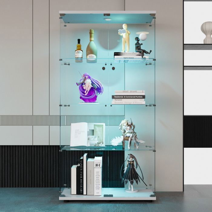 Vitrine en Verre - Vitrine avec Lumières LED - ADWOLT - 4 étagères et 2 portes - Verre Trempé - 80.5×36.5x164cm - Blanc