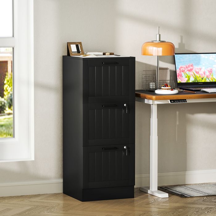 Caisson bureau meuble rangement bois 3 tiroirs et serrure barres de suspension réglables 40 x 40 x 101 cm noir