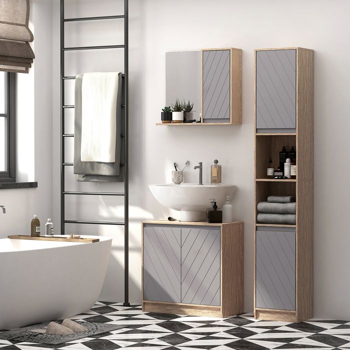 Meuble salle de bain sous Lavabo placard 2 portes avec étagère - dim. 60L x 30l x 598H cm - panneaux particules chêne clair gris