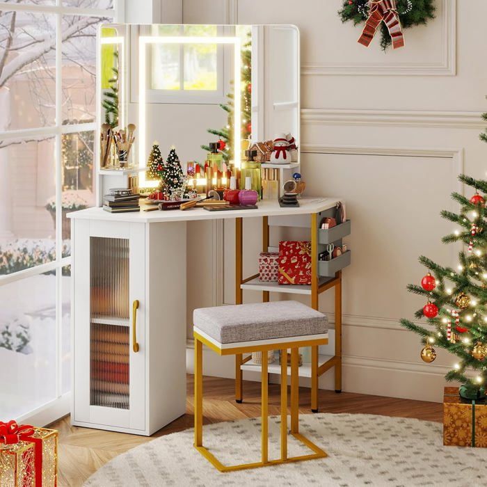 Ensemble de Coiffeuse et Tabouret COSTWAY Miroir Triple à 3 Couleurs de Lumière Station de Charge 2 Sacs en Tissu Cadeau Idéal