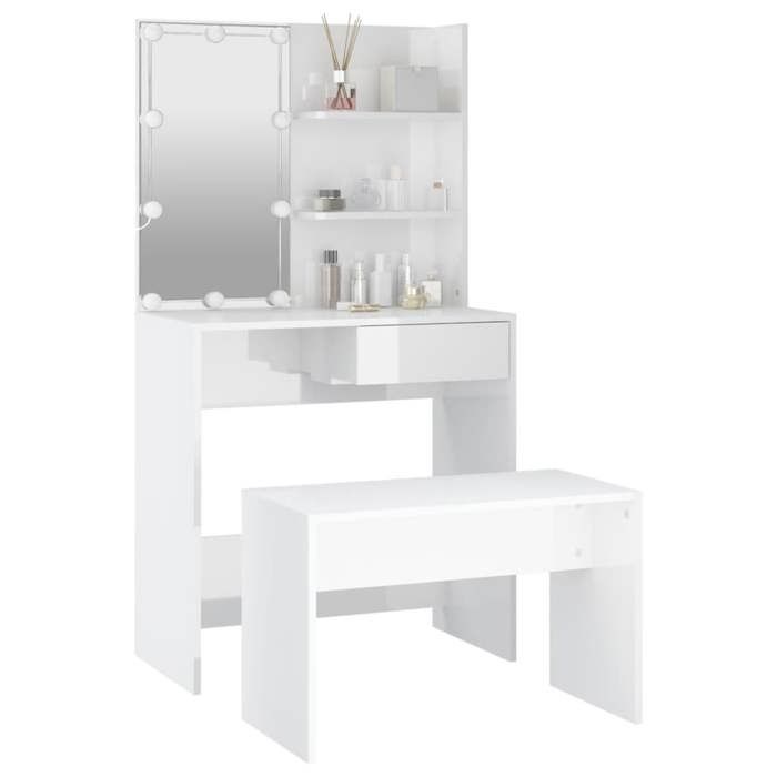 Moderne Ensemble de coiffeuse - JILLS - Meuble de chambre - avec LED - Blanc brillant - Bois dingénierie - 74.5x40x141 cm CCC243