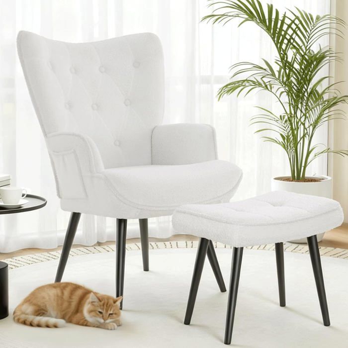 Fauteuil Relax avec Repose-Pieds Tissu Teddy Fauteuil de Lecture Fauteuil à Oreilles pour Salon Et Chambre & Étude Blanc