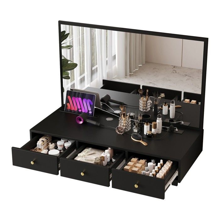 Coiffeuse Murale Noire 100x105x45cm - Miroir 3 Tiroirs Prises Électriques Tablette Porte-Gobelet - sans Tabouret pour Salon Coiffeuse Murale Noire 100x105x45cm - Miroir 3 Tiroirs Prises Électriques Tablette Porte-Gobelet - sans Tabouret pour Salon