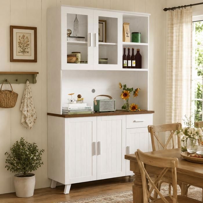 Buffet Haut 190 cm - Blanc et Effet Bois - avec Portes Vitrées et Rangements - Vaisselier pour Salon et Salle à Manger
