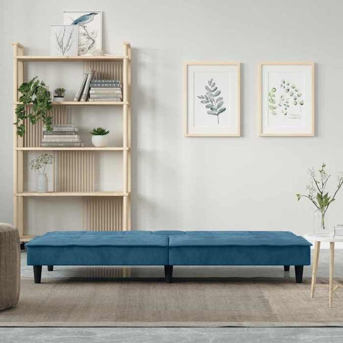 Canapé-lit convertible velours - SOLOMOON - Bleu - 200x89x70 cm - Dossier réglable 3 positions - Table à thé pliable