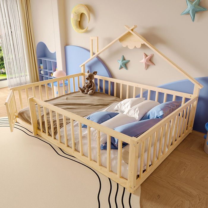 Lit cabane enfant 140x190 cm avec avec porte et barrières de sécurité montessori lit avec sommier à lattes naturel (sans matelas) Lit cabane enfant 140x190 cm avec avec porte et barrières de sécurité montessori lit avec sommier à lattes naturel (sans matelas)