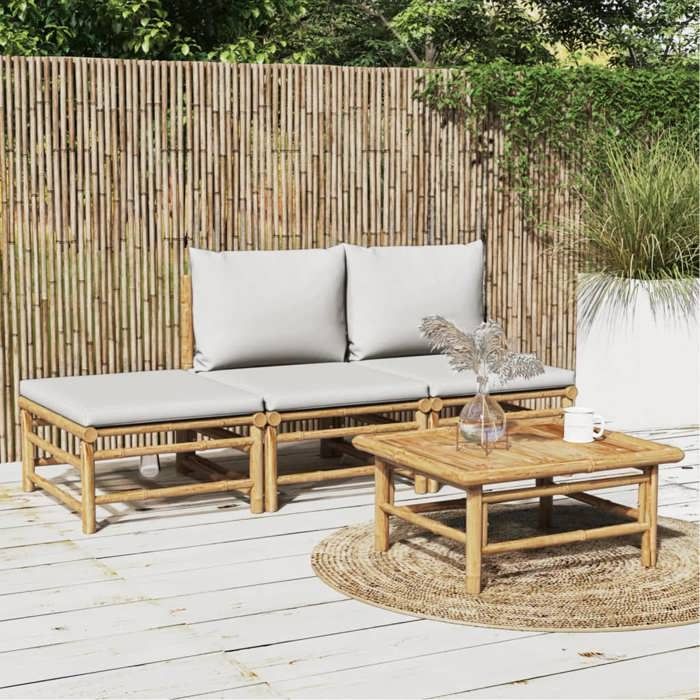 NEW 2026 Salon de jardin lot de 4 Meuble pour 3 personnes avec coussins gris clair bambou 55x65x30 cm S1335