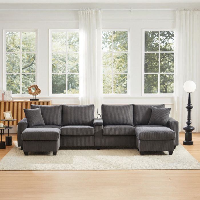 Canapé en forme de U en velours côtelé - 334x128.5x81 cm - Gris - 2 tabourets - Lampe de lecture réglable