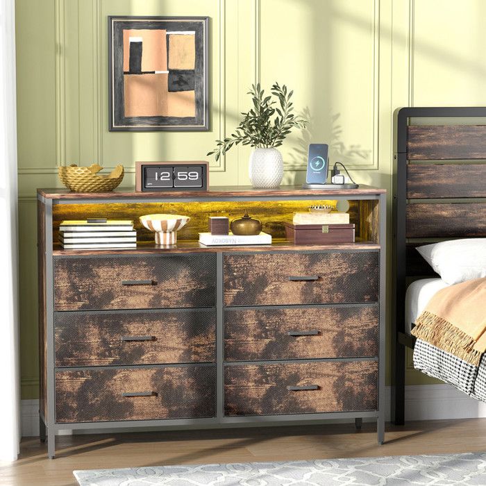 Commode 6 Tiroirs en Tissu ALIGHTUP avec Éclairage LED Réglable et Multiprise Compartiment Ouvert 1145x30x871 cm