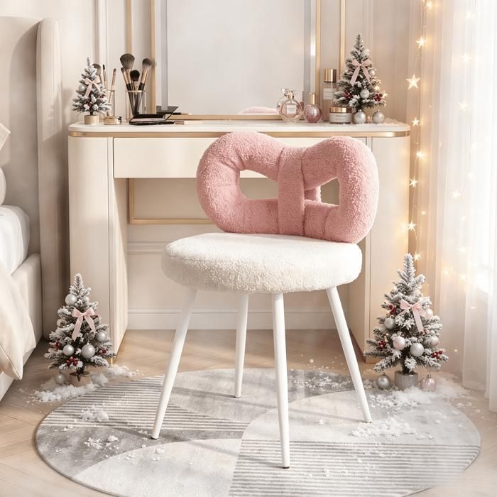 Tabouret de maquillage rose tête de nœud créative siège moelleux pieds en métal blanc idéal pour chambre de fille