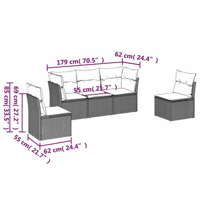 (SOLDES dété) Salon de jardin 5 pcs - SHIELD - Canapés dextérieur - avec coussins gris clair résine tressée - 179 x 62 x 69 cm 660