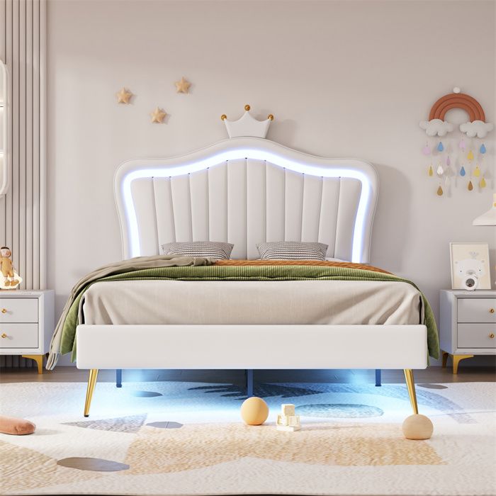 Lit enfant rembourré- 90x200cm- cadre de lit pour fille- cadre de lit double couronne blanc avec lumières LED- matelas