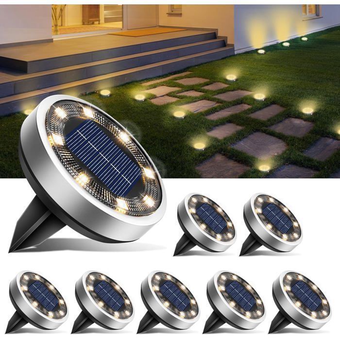 Lampe Solaire Au Sol Lot de 8 LED Lumiere Solaire Jardin Exterieur Étanche Spot pour Terrasse Pelouse Allée [Blanc Chaud]