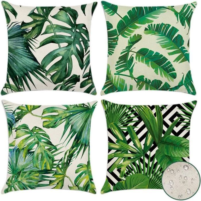 Lot de 4 (45 x 45 cm – Plantes tropicales 01) Housses de coussin dextérieur imperméables à motif de plantes tropicales vertes