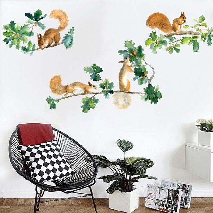 QAZQA Stickers Muraux Animaux Foret Écureuil Autocollant Mural Enfants Arbre de Branche Décoration Murale Chambre Bébé