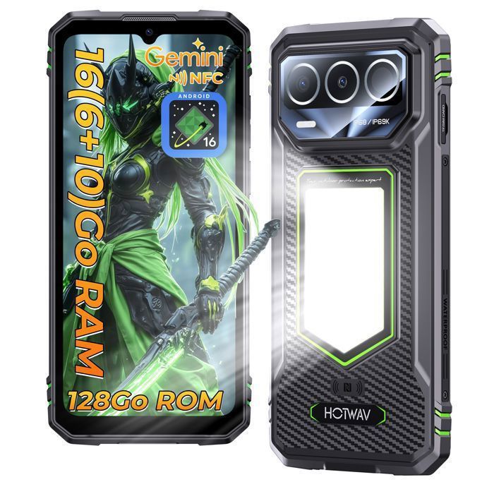 HOTWAV T8 Smartphone Robuste 4G Android 16 Lampe Camping 675 HD+ 12(4+8)Go/64Go Batterie 6200mAh Caméra 20MP NFC/GPS - Vert