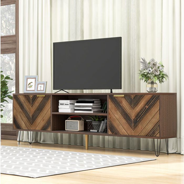 Meuble TV bas - SENVIRO - 2 portes veinage bois poignees dorees pieds en fer 155x38x48cm Natural
