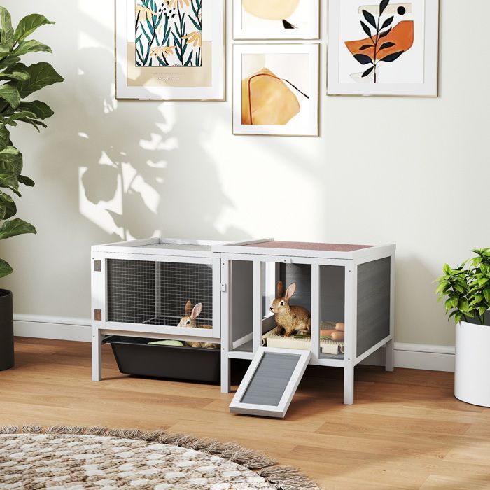 Clapier à lapins en bois 105 x 575 x 515 cm gris avec enclos rampe 3 entrées et tiroir amovible