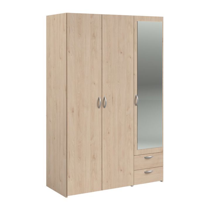 Armoire 3 portes 2 tiroirs aspect bois avec miroir - AMAEL Armoire 3 portes 2 tiroirs aspect bois avec miroir - AMAEL