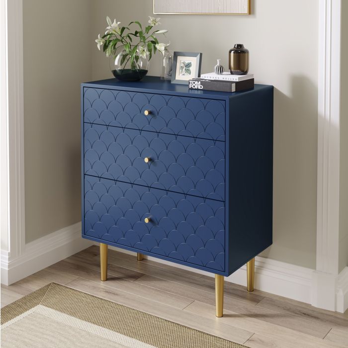 COVREO Commode 3 tiroirs 75 x 40 x 89 cm bleu marine motif écailles pieds métalliques