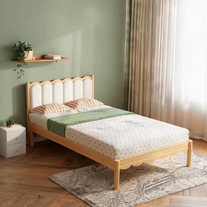 Lit enfant 90x200 cm design vague tête de lit PU soft beige cadre bois massif naturel sommier lattes inclus