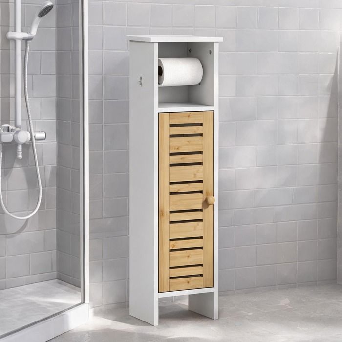 Colonne de salle de bain 3 niveaux avec porte-rouleau intégré blanc MDF et bambou 78 cm