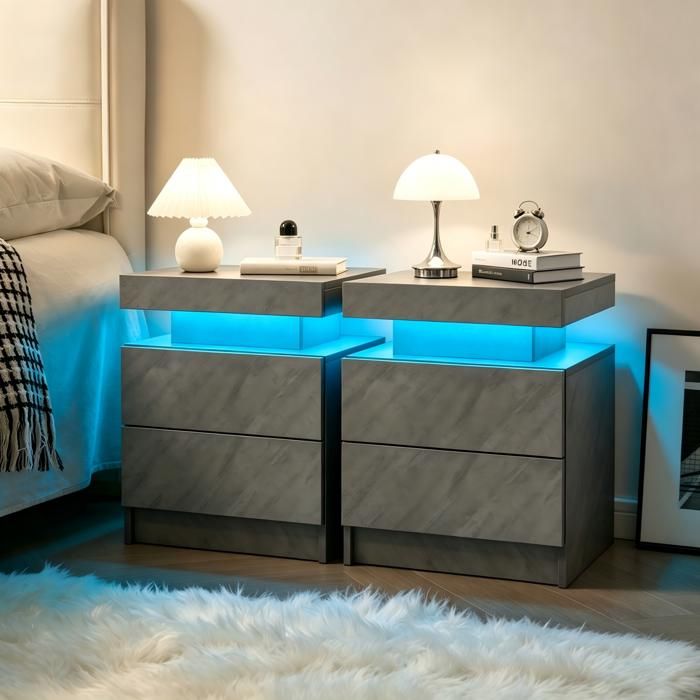 WOVREO Lot de 2 tables de chevet LED 50 x 36 x 53 cm avec 2 tiroirs et niche ouverte en gris fonce