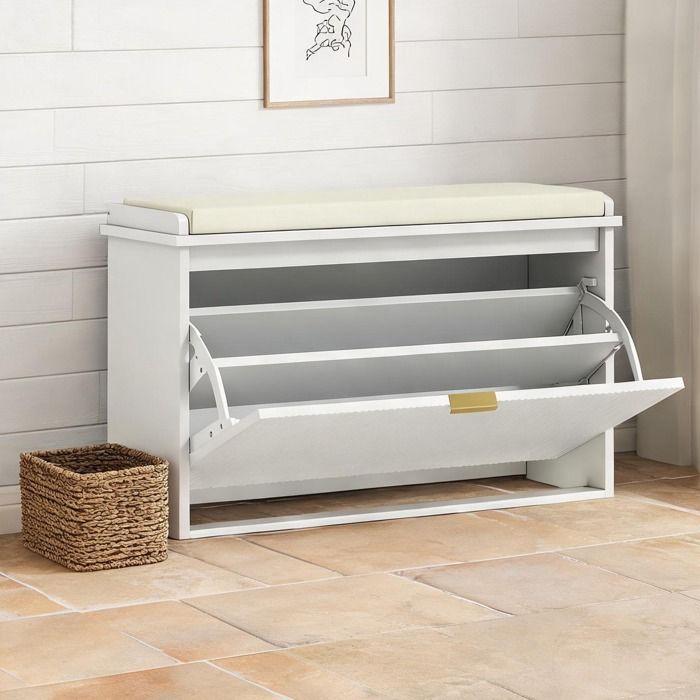 Banc à chaussures blanc 80 cm avec tiroirs rabattables et coussin rembourré couloir ou chambre