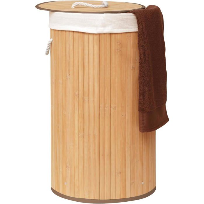 Panier À Linge 55 L En 100 % Bambou Rond Avec Couvercle Et Sac À Linge Amovible Solide Pliable Pour Salle De Bain Chambre À [CA146]