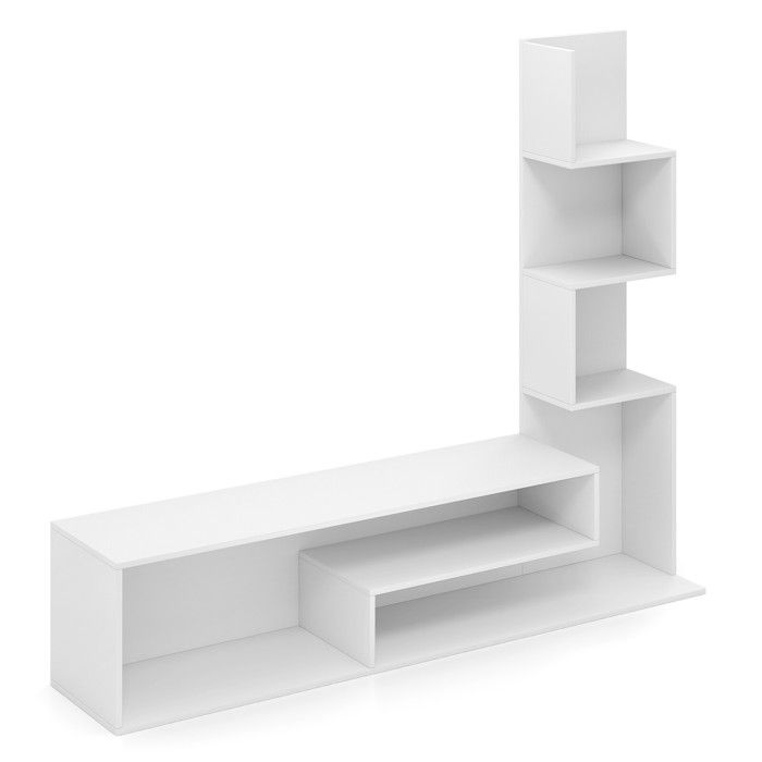 Meuble TV blanc avec étagères de rangement en L support jusquà 50 pouces console multimédia pour salon