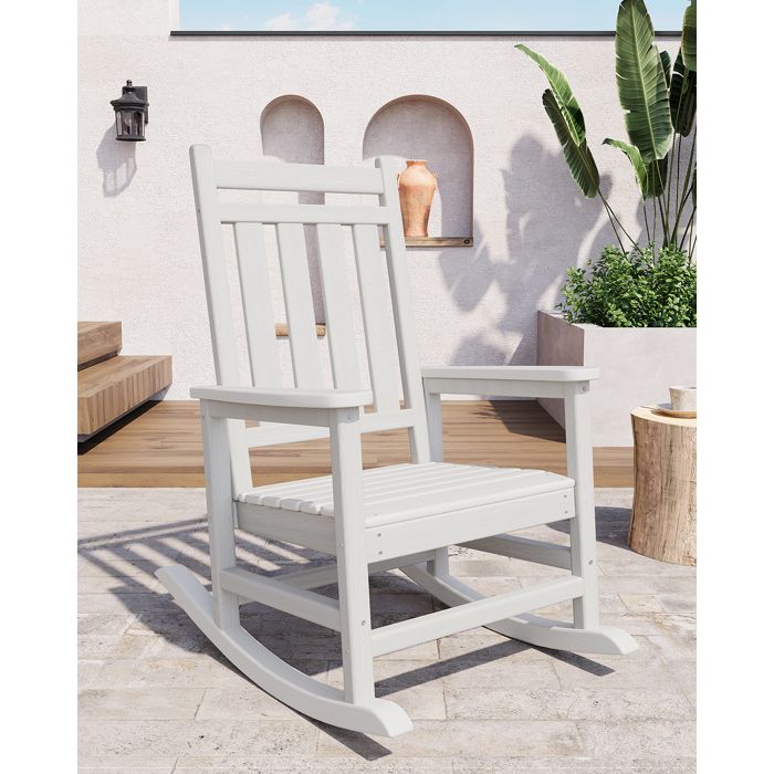 Fauteuil unique à Bascule Adirondack HDPE Blanc Chaise Jardin Dossier Haut Effet Bois Résistante aux Intempéries
