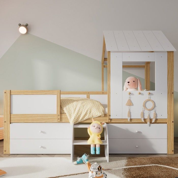 Lit enfant cabane bois pin massif avec 4 tiroirs et petite échelle Blanc + couleur naturelle 90x200 cm Lit enfant cabane bois pin massif avec 4 tiroirs et petite échelle Blanc + couleur naturelle 90x200 cm