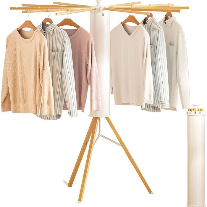 Otto Séchoir À Linge Pliable Intérieur Extérieur Design Bois 16 Bras Trépied Renforcé Grande Capacité Ultra Stable Compact Gain De