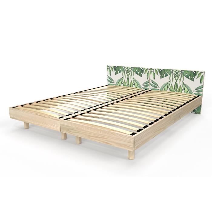 lit twin en bois massif abc meubles - vernis naturel/décor plantes - a lattes - 2 x 90x190 cm - campagne