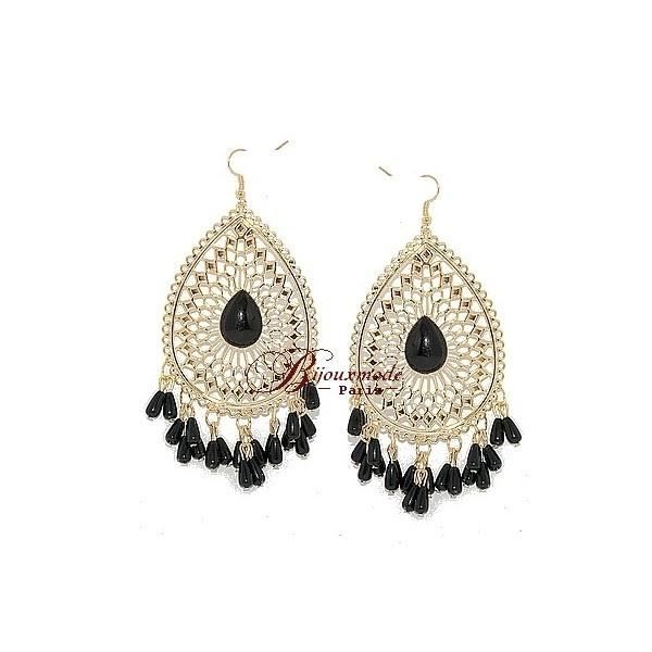 Boucles D'Oreilles Clous Chandelier Émail Noir & Goutte Verre Bleu Doré - Neuf