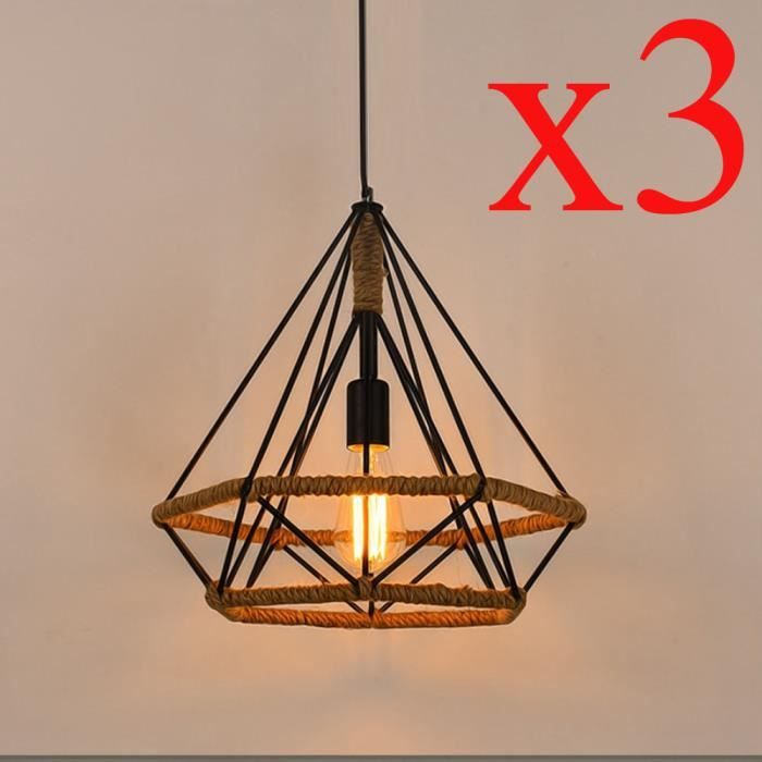 UNI Lot de 3 Suspension Rétro Vintage Plafonnier Lustre Lampe Luminaire Industrielle en Corde de Chanvre