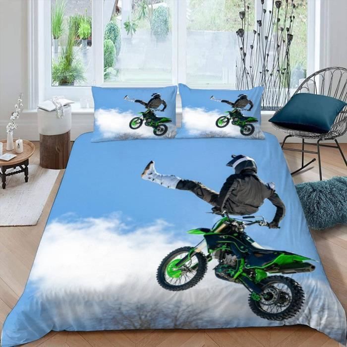 Parure De Lit Motocross 3D Pour Jeune - Housse De Couette + Taies D'oreiller, Microfibre Douce, Double 200x200cm