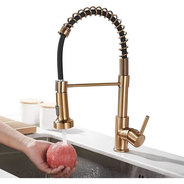 Robinets de cuisine à tirette, robinet d'évier à ressort avec douchette  rétractable, poignée unique à arc élevé et pivots à 360 degrés 