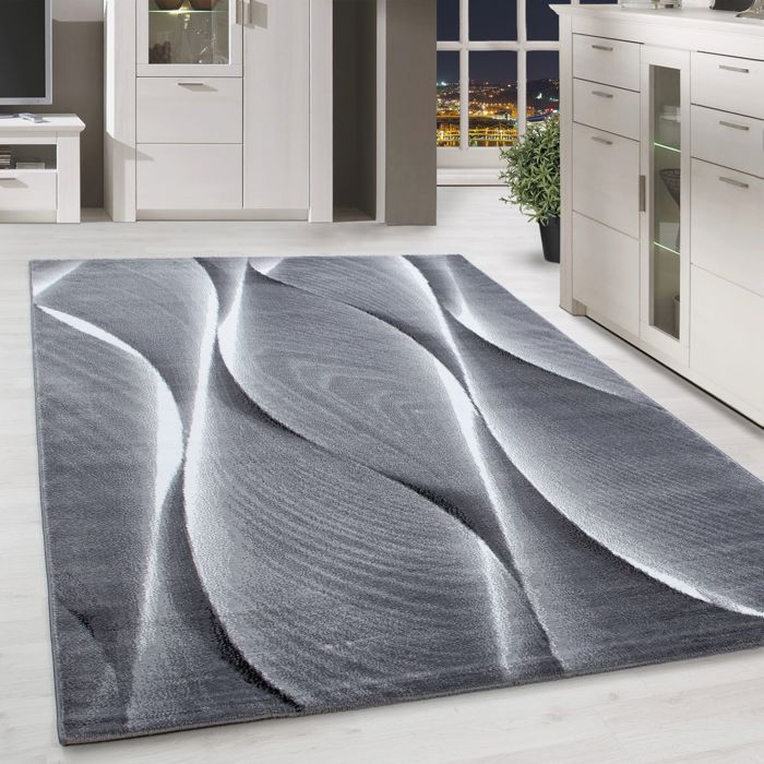Moderne Designer Salon Tapis Carreau Motif Noir Gris Rouge chiné